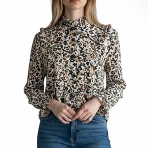 Maeve by Anthropologie Ruffle Mock Neck Blouse Size 4 Long Sleeve Leopard Boho